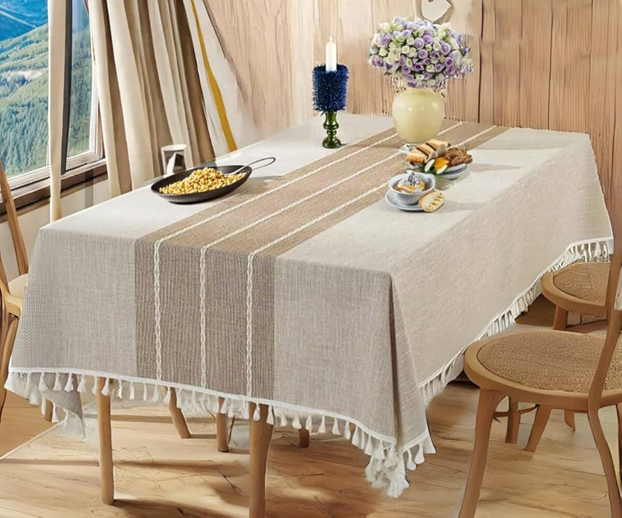 Rectangle Tablecloth, 100% Cotton Beige Striped Tablecover Farmhouse Style with Tassel for Weddin... | Amazon (US)