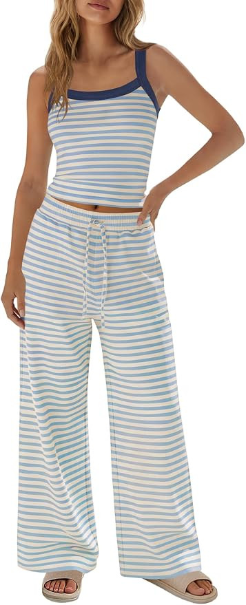 Yanekop Womens 2 Piece Pants Set Summer Striped Matching Lounge Set Sleeveless Casual Sets Vacati... | Amazon (US)