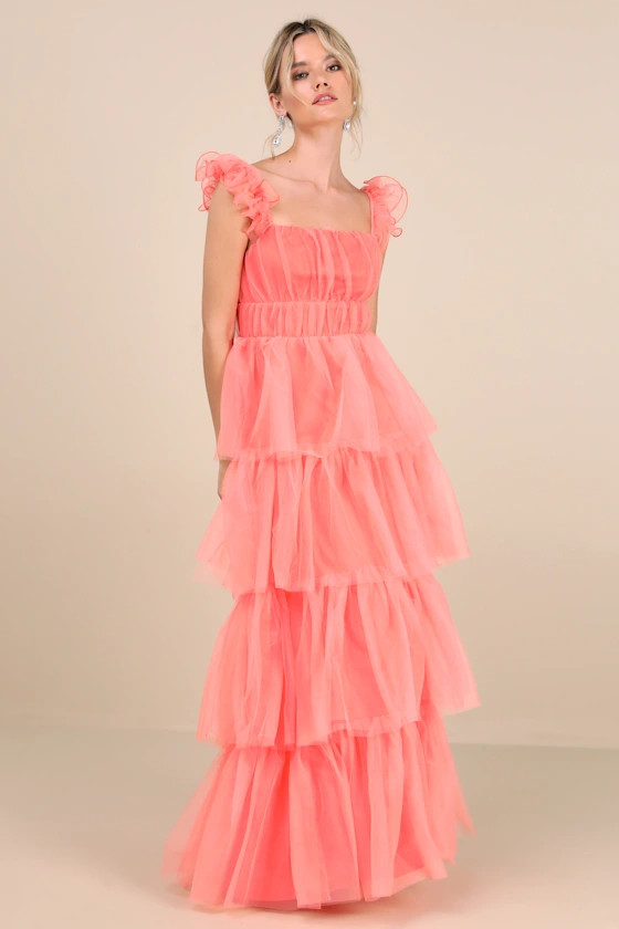 Tulle For Love Coral Pink Mesh Tulle Tiered Ruffled Maxi Dress | Lulus