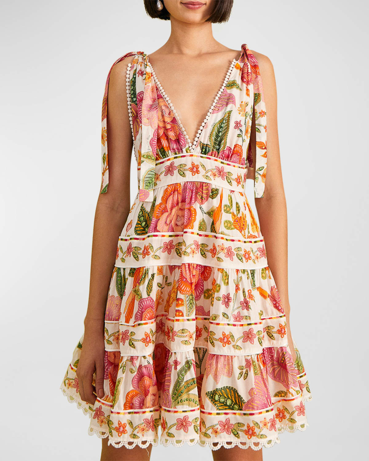 Macaw Bloom Tie-Shoulder Tiered Mini Dress | Neiman Marcus