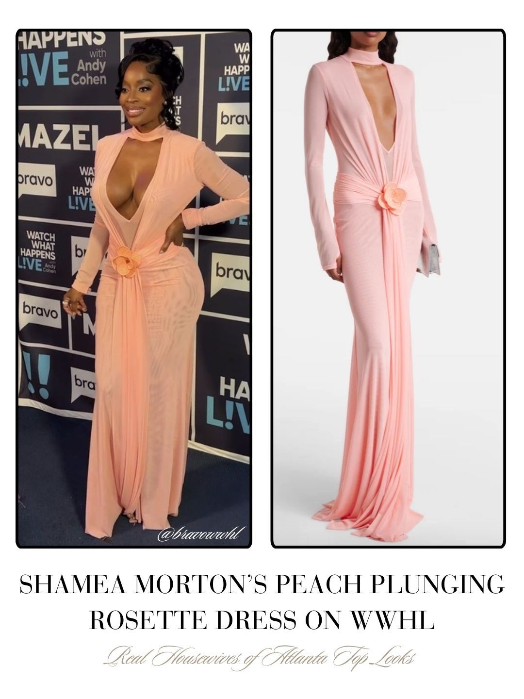 Shamea Morton’s Peach Plunging Rosette Dress on WWHL 📸 = @bravowwhl