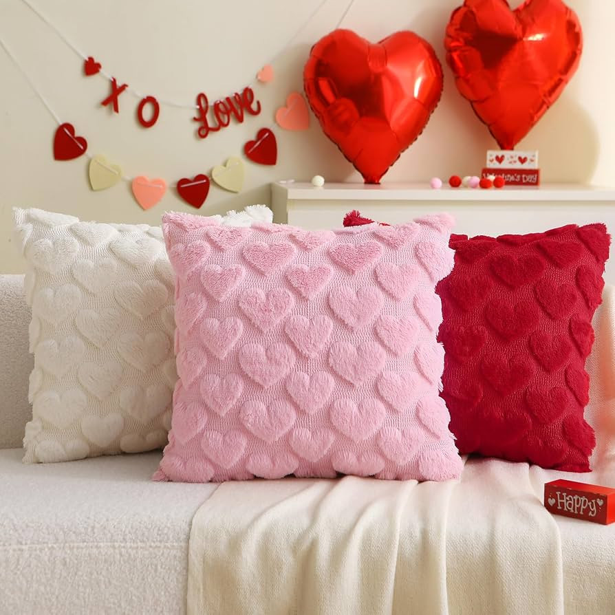 Valentine's Day Pillow Covers Decoration, 18 x 18 Inch Set of 3 Red Pink White Love Heart Soft Pl... | Amazon (US)