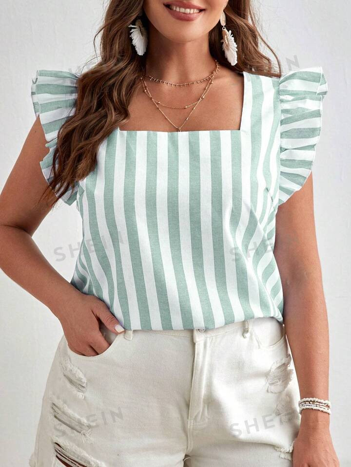 SHEIN VCAY Plus Size Color-Block Striped Square Neck Short Sleeve Blouse | SHEIN
