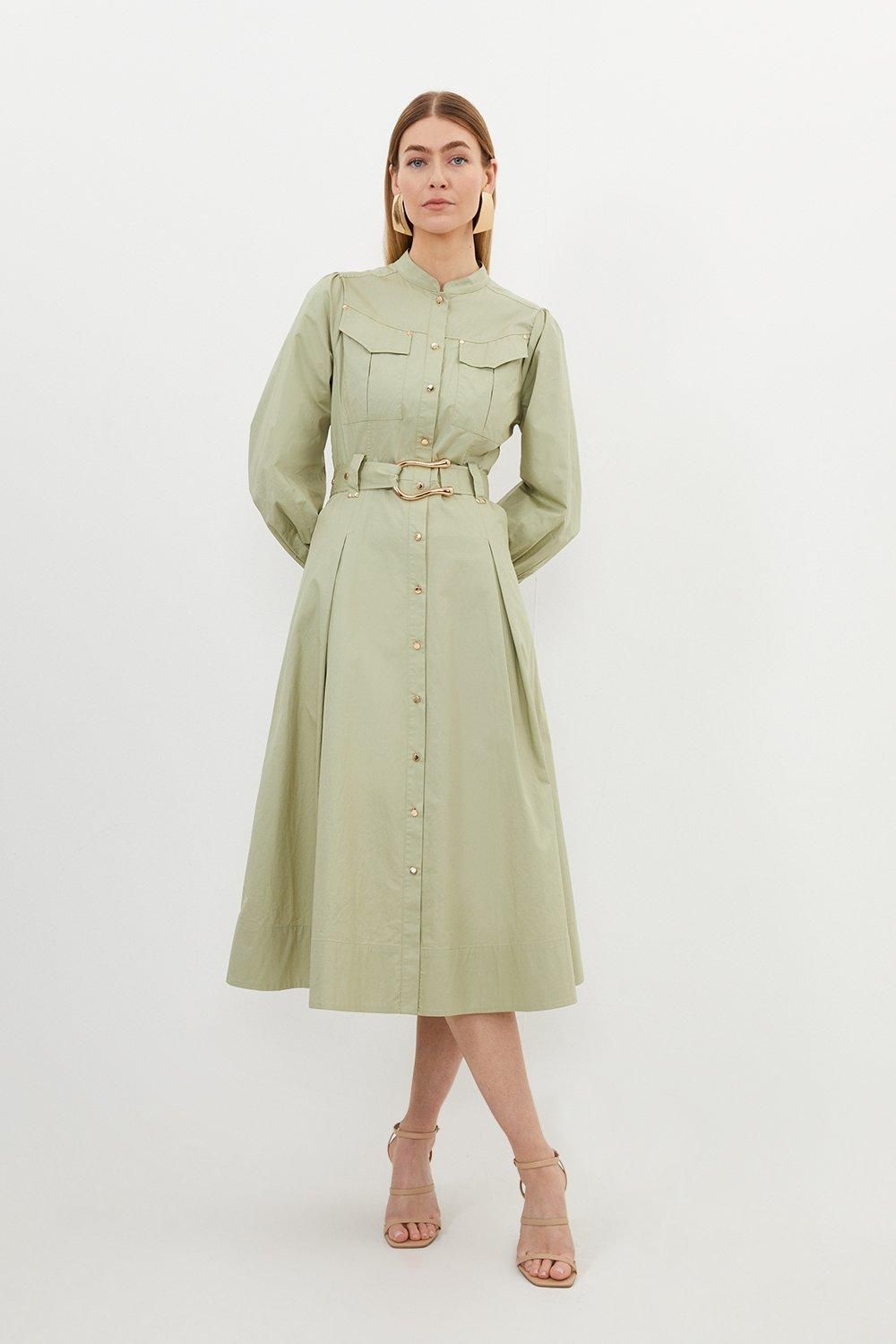 Cotton Sateen Button Detail Woven Maxi Shirt Dress | Karen Millen US
