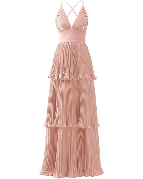 Nyeomeey Tiered Ruffles Bridesmaid Dresses for Women Chiffon V-Neck A-line Long Formal Evening Go... | Amazon (US)