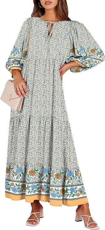 ANRABESS Womens Boho Maxi Dresses 2024 Summer V Neck Puff Sleeve Casual Flowy Swing A-Line Long B... | Amazon (US)