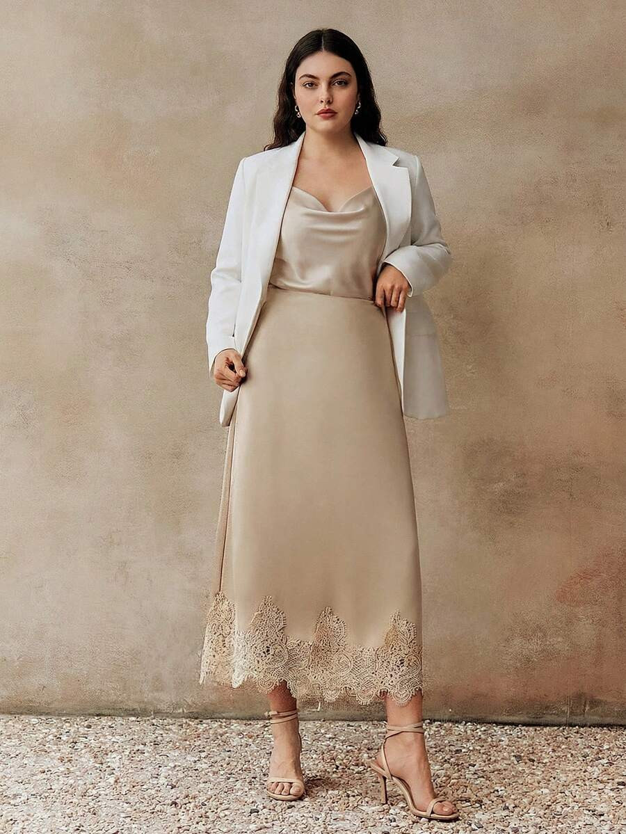 Anewsta Spring & Summer Plus Size Women's Elegant Casual Lace Trim Satin Skirt, Minimalist Versat... | SHEIN
