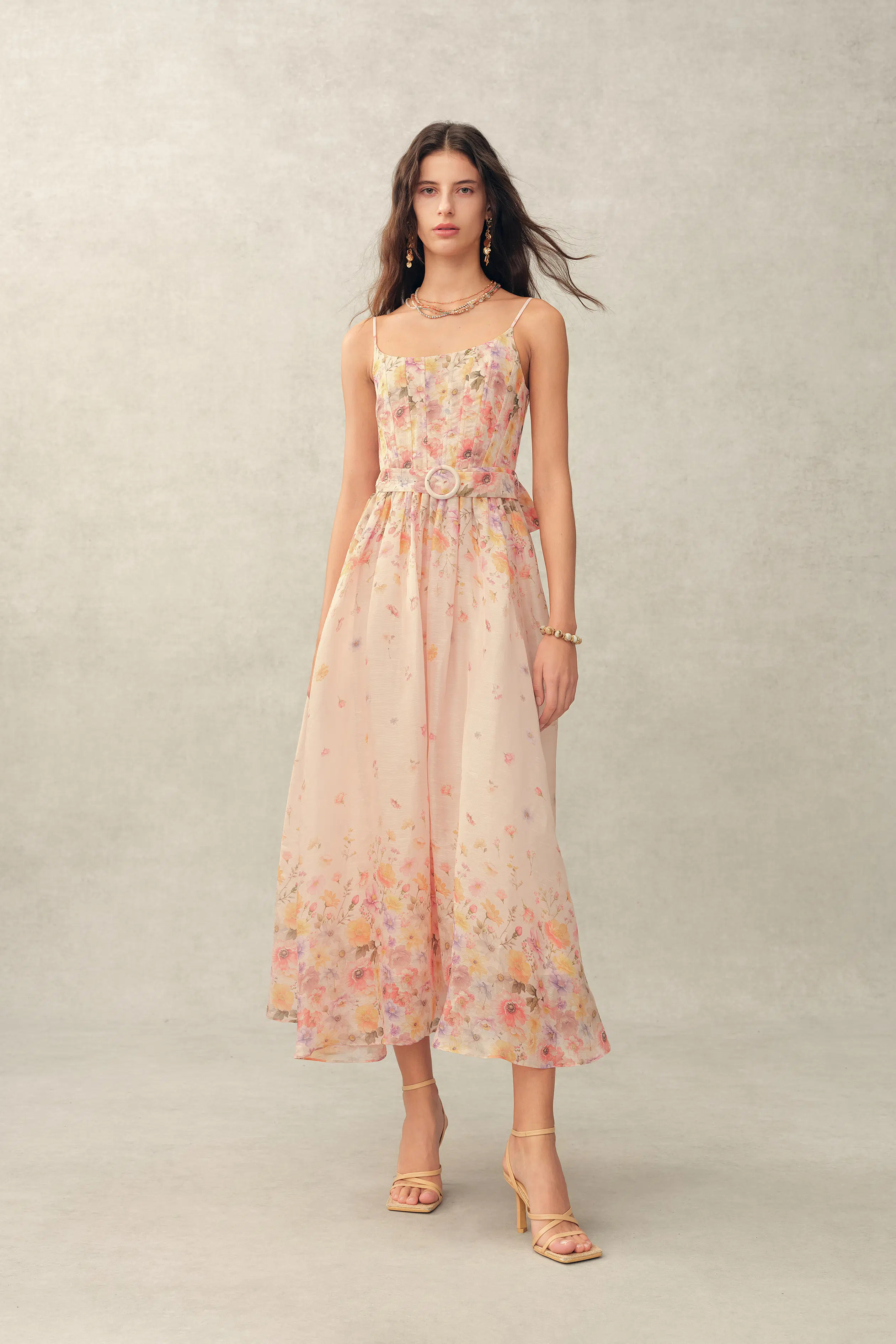Lilac Handpainted Floral Smocked Belted Strap Dress in Silk Linen Orga | Fabrique