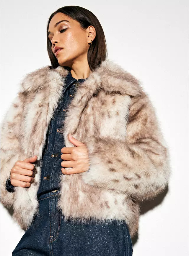 Neutral Faux Fur Boxy Leopard Jacket L | Tu Clothing