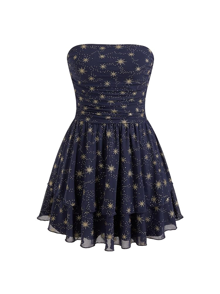 CIDER Women's Summer Cocktail Dress - Tube Ruched Ruffle Mini Dress | Amazon (US)