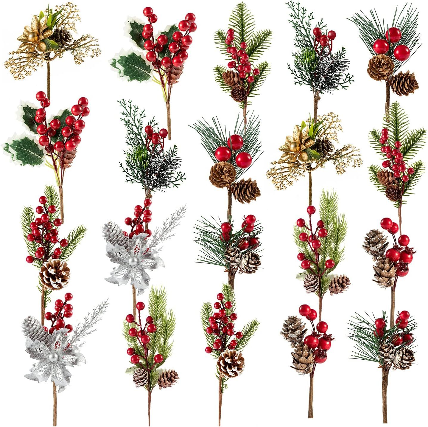 Amazon.com: Fessary 20 Pack Christmas Red Berry Picks Stems Assorted Pine Picks and Sprayss for C... | Amazon (US)