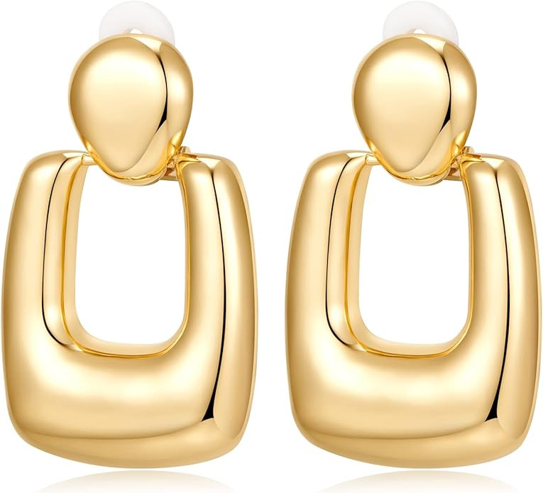 Polished Chunky Gold Dangle Clip-on Earrings for Women Geometric Hoop Clip Earrings for Birthday ... | Amazon (US)