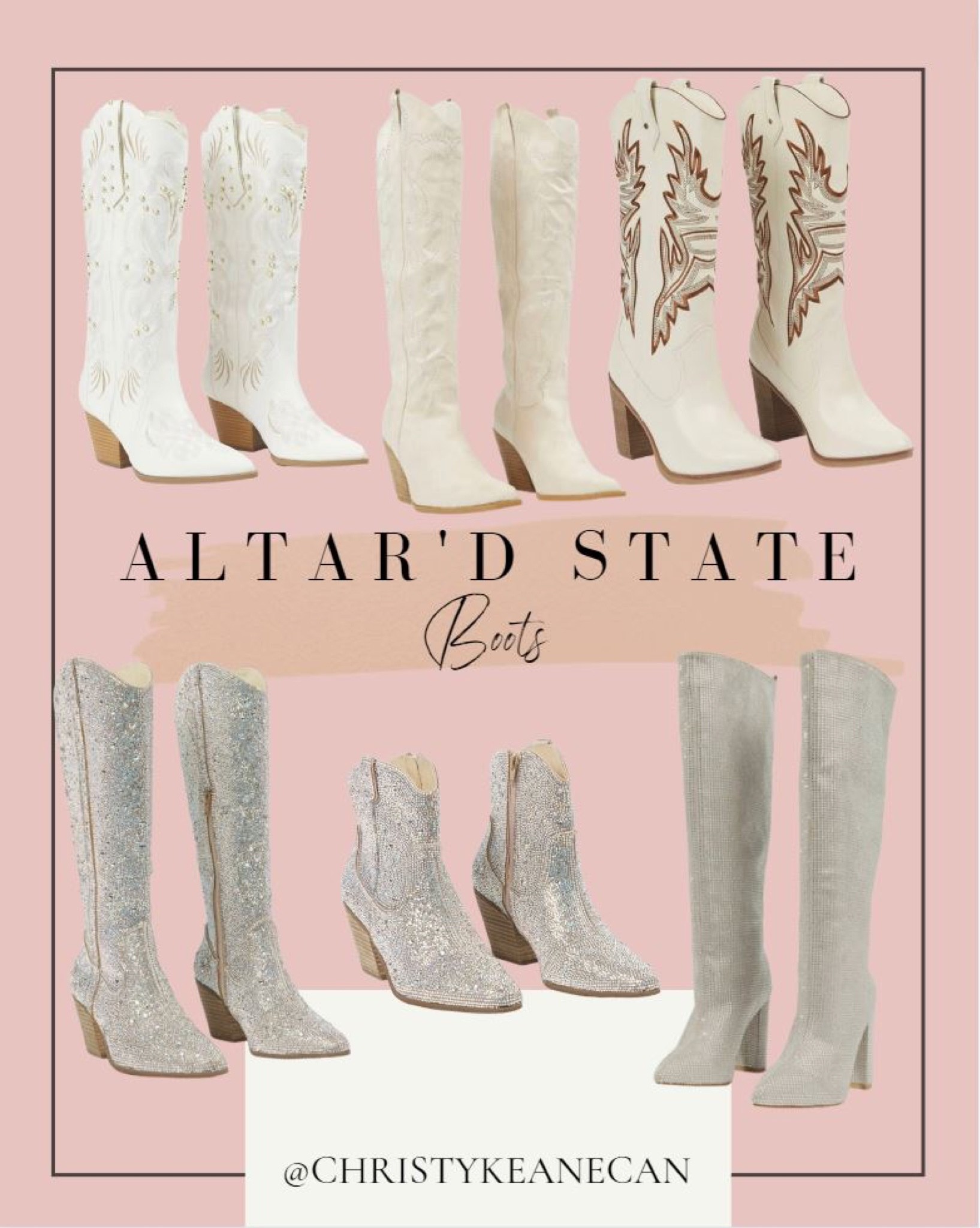 I am OBSESSING over every pair of boots from Altar’d State this season. These sparkly cowboy boots are basically screaming my name. 
#boots #cowboyboots #fallboots #sparkle #sparkleboots #whiteboots #silverboots #nashville #vegas #girlstrip

@altardstate

#LTKstyletip #LTKshoecrush