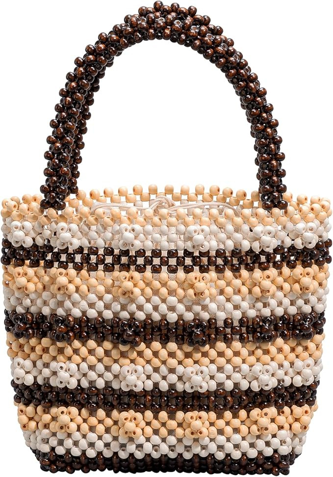 Amazon.com: CerfoParlen Small Tote Bag Wooden Bead Bag Woven Handbag Clutch Purses for Women (cof... | Amazon (US)