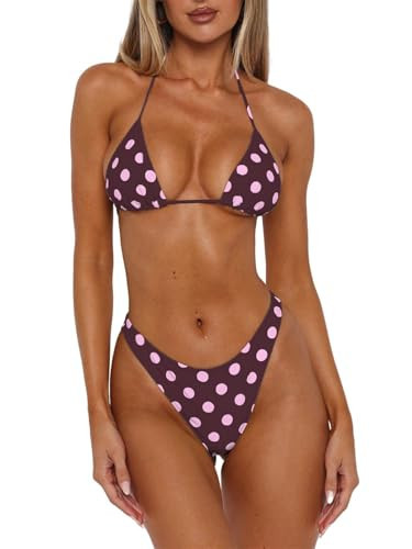 VnimVinter Women Polka Dot Bikini Sets Sexy Halter String Triangle High Cut Cheeky 2 Piece Bathing Suit (Pink Polka Dot in Brown, S) | Amazon (US)
