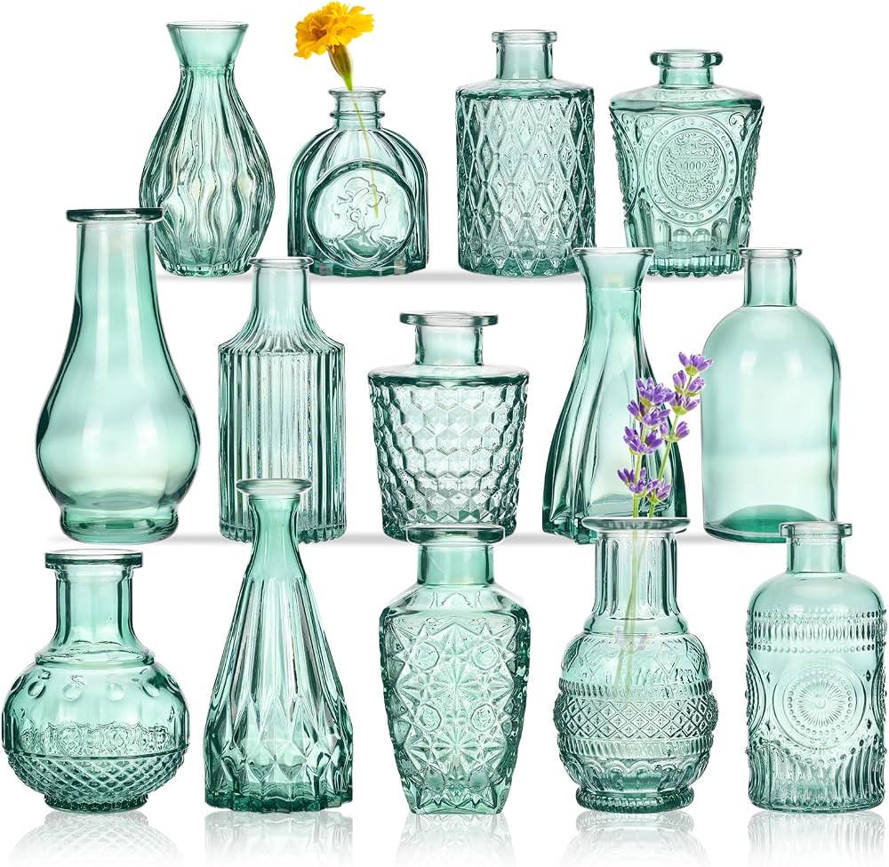 CUCUMI 14pcs Glass Bud Vase Set in Bulk, Aqua Green Relief Vase for Centerpieces, Mini Vintage Gl... | Amazon (US)