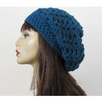 Blue Slouchy Hat Teal Slouch Beanie Crochet Hat Crochet Women's Beret Turquoise Knit | Etsy (US)