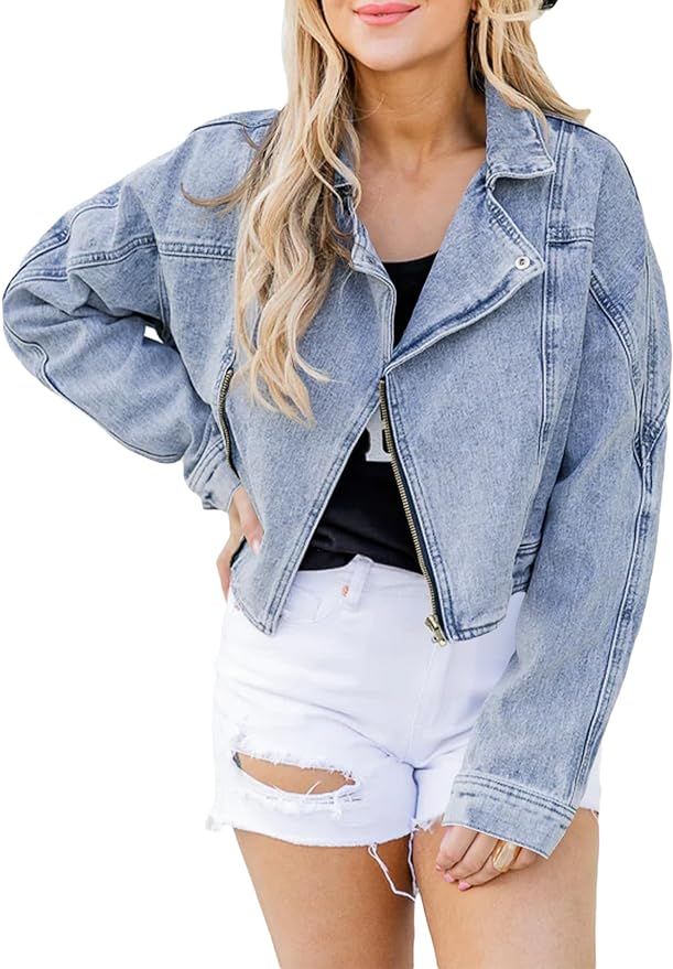 Farktop Womens Cropped Denim Jacket Long Sleeve Zip Up Distressed Jean Shirt Coats | Amazon (US)