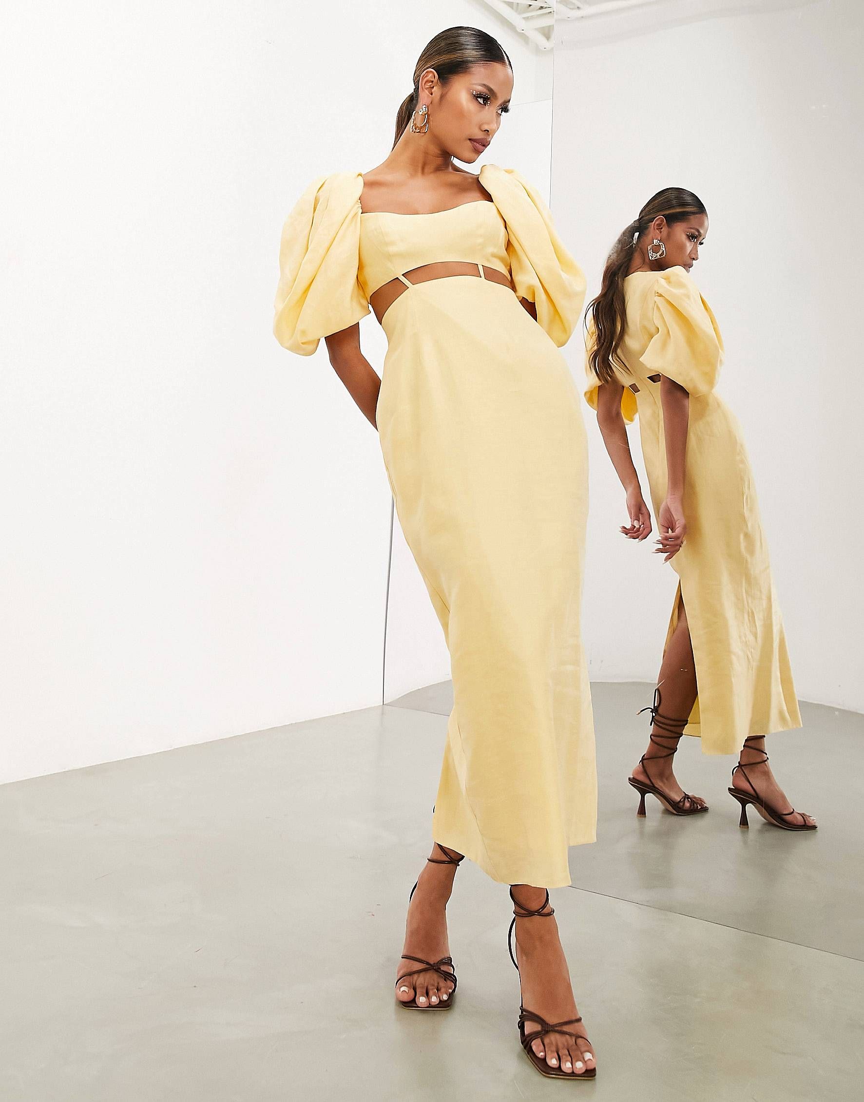 ASOS EDITION puff sleeve cut out detail midi dress in yellow | ASOS (Global)