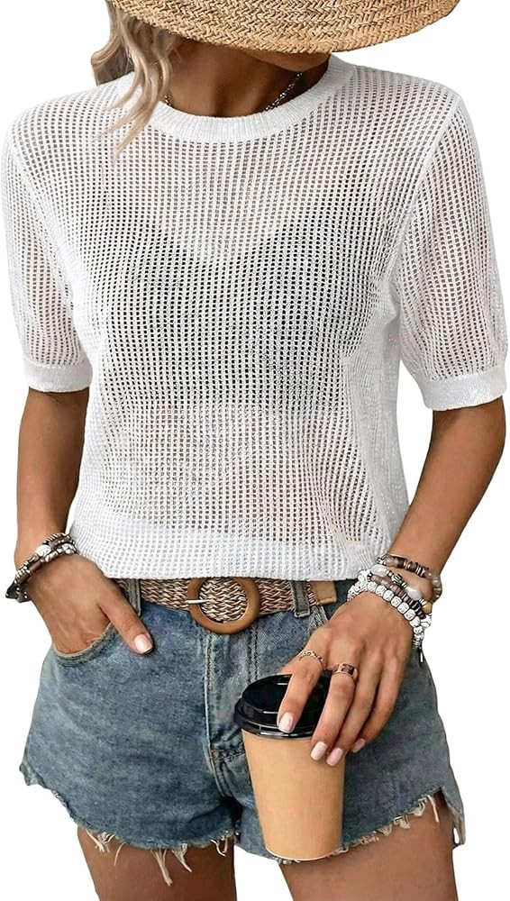 Dokotoo Womens Summer Short Sleeve Crochet Tops Hollow Out Floral Sweaters Beach Vacation Cruise ... | Amazon (US)