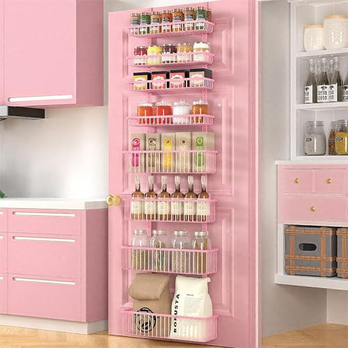 Moforoco Pink Over The Door Pantry Organizer, Pantry Door Organizer Shelves, Kitchen Organizers and Storage, Hanging Basket Wall Spice Rack Seasoning Shelves, Laundry Room Bathroom accessories | Amazon (US)