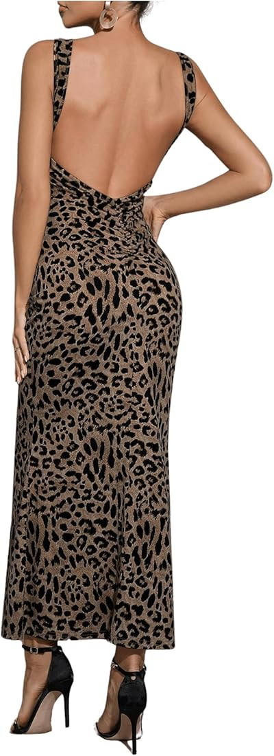 Floerns Women's Leopard Sleeveless Tank Dress Boat Neck Backless Club Bodycon Long Dress | Amazon (US)