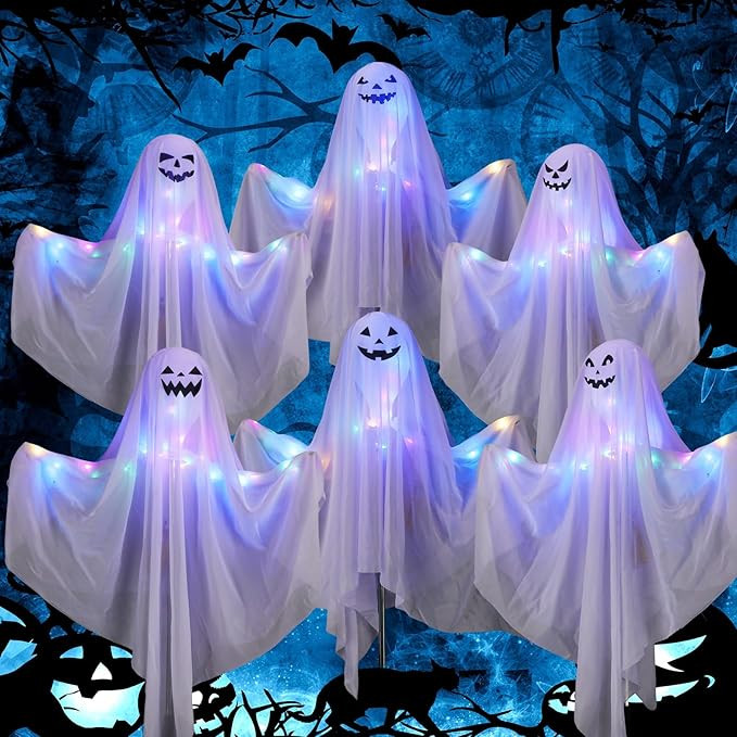 6 Pcs Halloween Lighted Ghost Stakes 23.6'' Halloween Ghost Yard Stakes Halloween Yard Decoration... | Amazon (US)