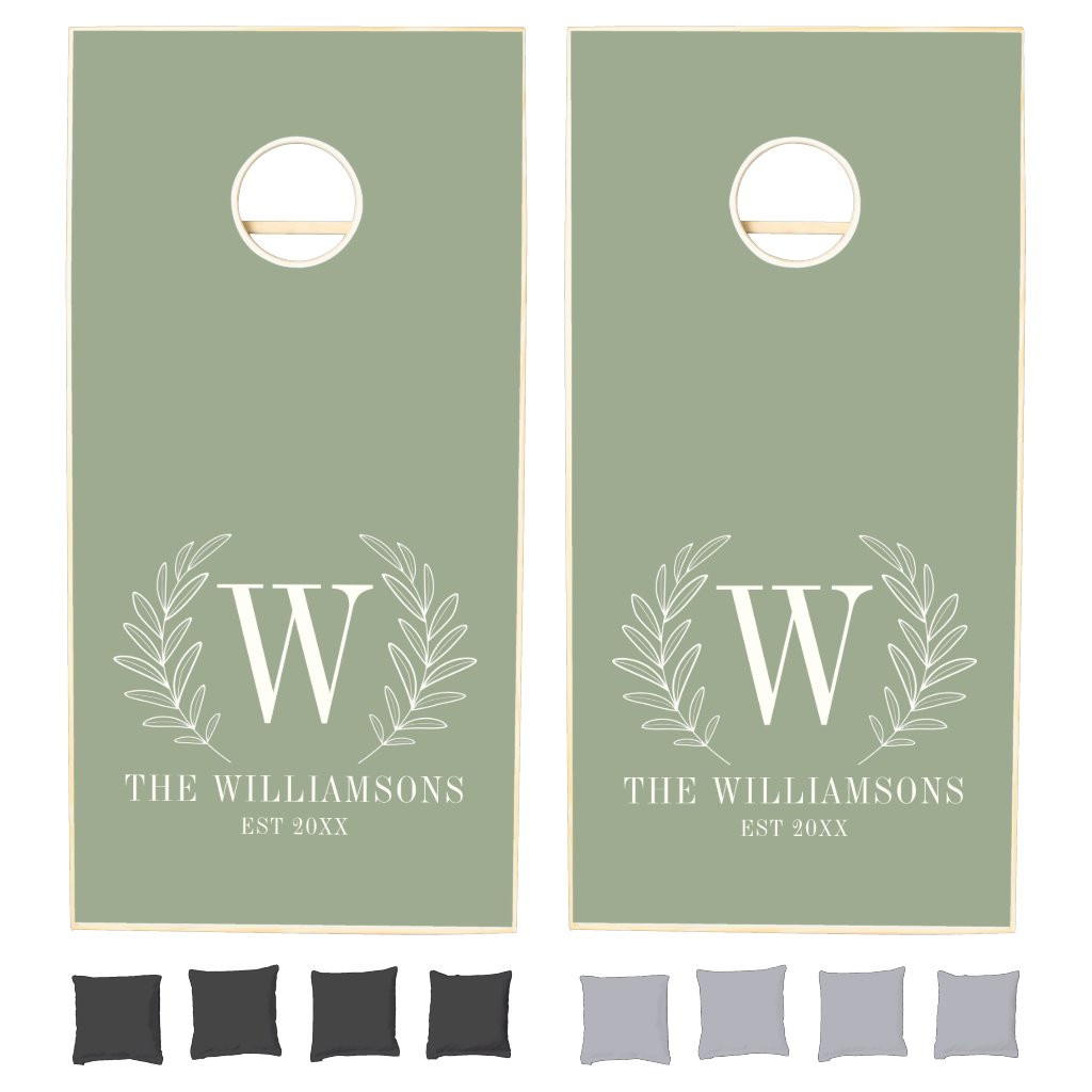 Monogram Sage Green White Wedding Cornhole Set | Zazzle