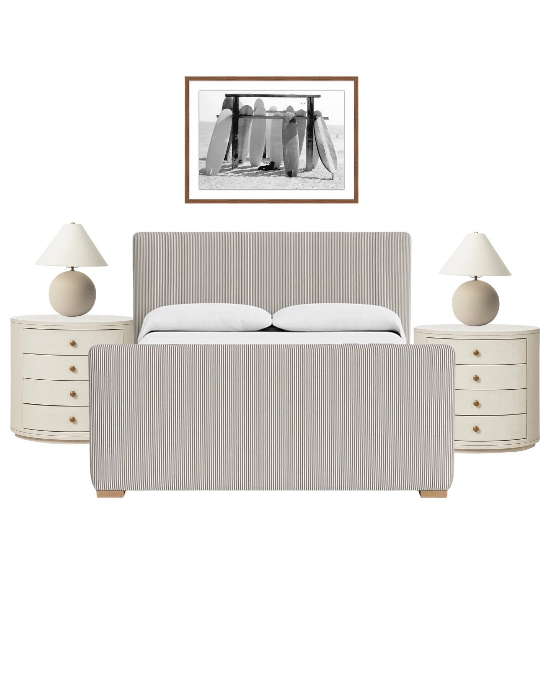 A dreamy California coastal transitional bedroom with the perfect balance of relaxed and refined. Featuring a striped upholstered bed frame, warm wood tones, and soft neutrals—ideal for a beach house, lake house, or breezy coastal retreat. Layered textures, coastal living vibes, and timeless style for any neutral home design. #CoastalBedroom #BeachHouseDecor #LakeHouseStyle #TransitionalInteriors #NeutralHome #LTKHome #PinterestDecorIdeas #CoastalLivingDecor #StripedBedFrame #InteriorInspo

#LTKStyleTip #LTKHome #LTKFindsUnder100