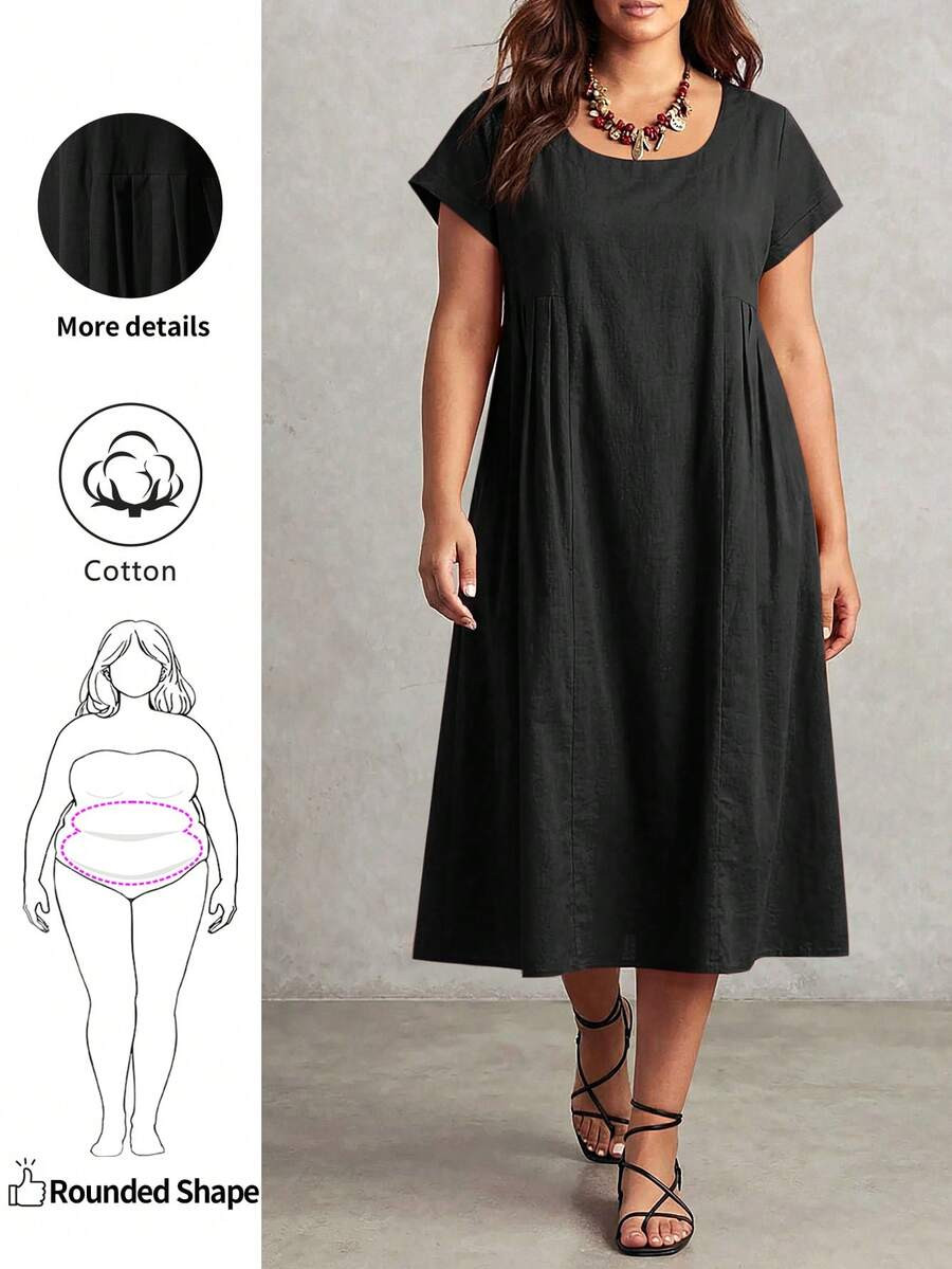 Enliva Plus-Size Women's Short-Sleeved Loose A-Line Dress, Made Of Soft Cotton, For Apple And Rou... | SHEIN