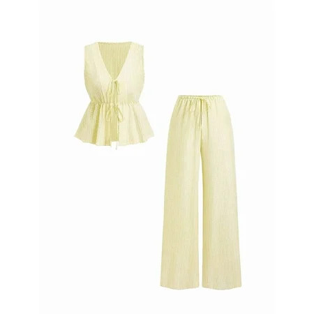 Women'S Summer Two-Piece Suit Striped Print Sleeveless Lace-Up Vest Tank Top Pants Beach Holiday Set Yellow S | Walmart (US)