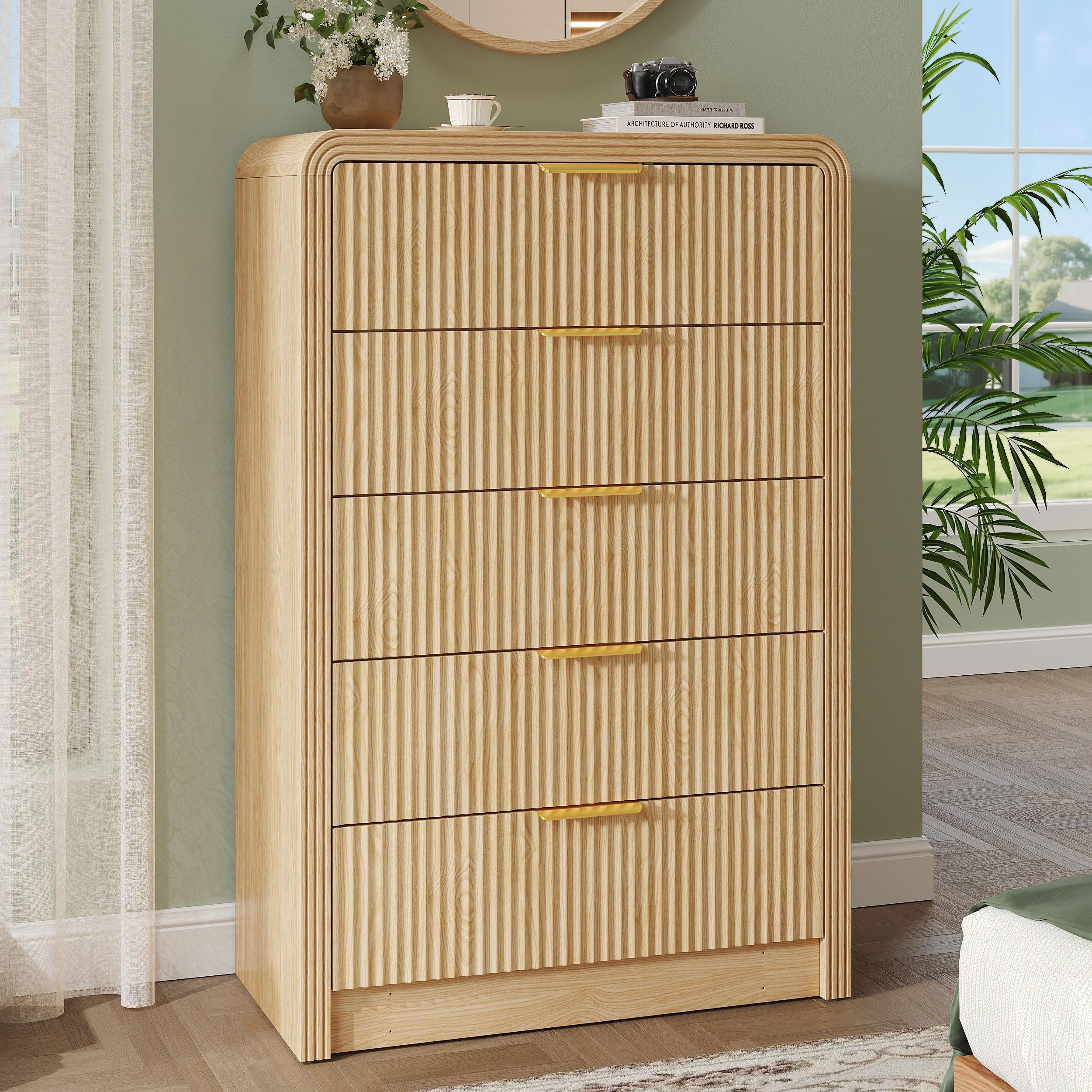 Fluted 5 Drawers Dresser, 48" Tall Modern Chest of Drawers with Round Edge & Metal Handle, Wood D... | Amazon (US)