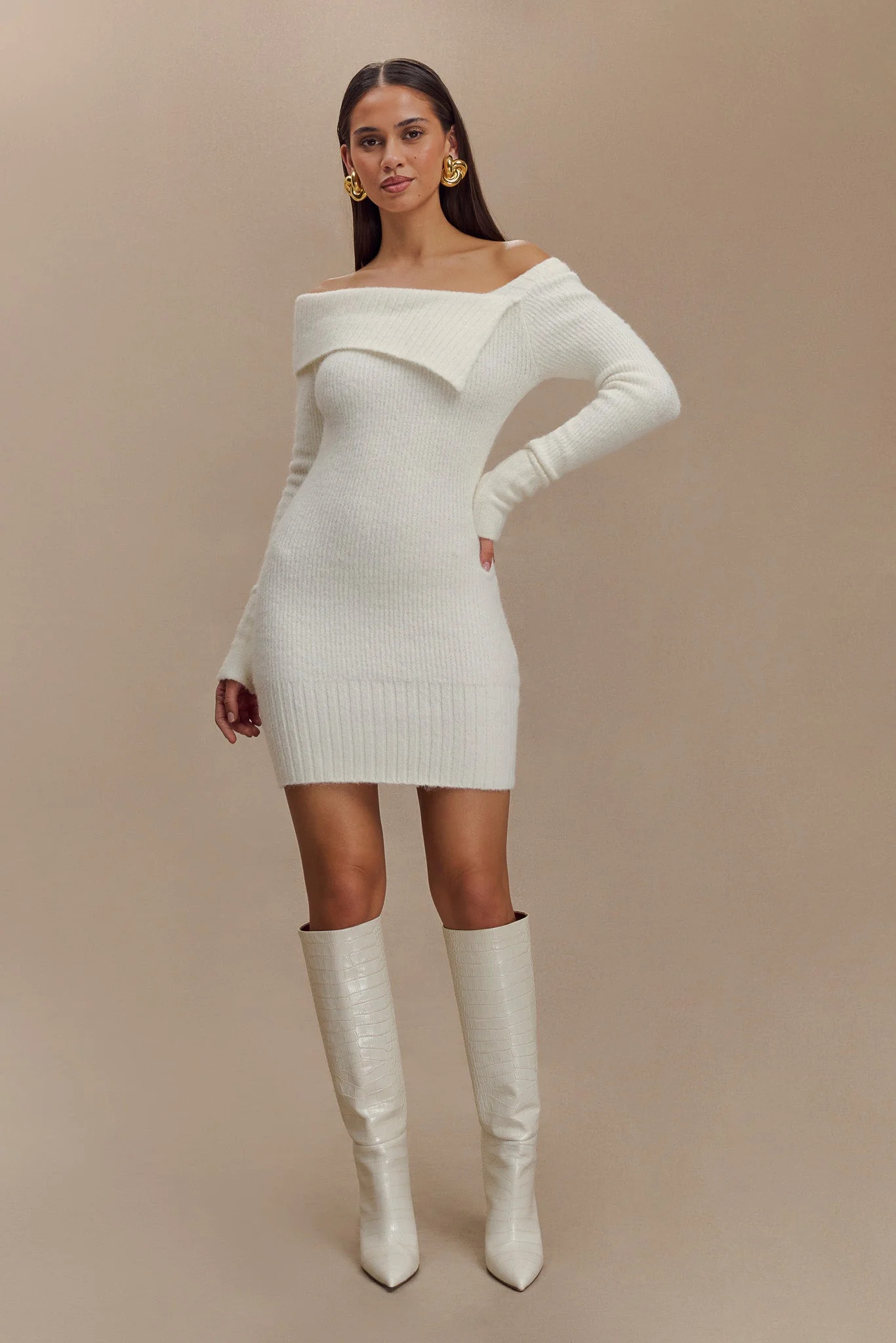 Asymmetric Knit Mini Dress - Ivory | MESHKI US