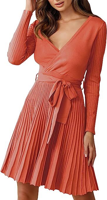 LOGENE Women's Wrap Sweater Dress V Neck Long Sleeve Swing Knit Mini Dresses with Belt | Amazon (US)