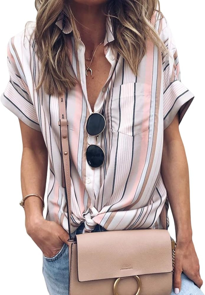 HOTAPEI Womens Casual V Neck Striped Cuffed Sleeve Button Down Collar Blouses Shirts | Amazon (US)