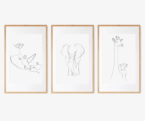 Set of 3 Nursery Wall Art, Animal Print Line Drawing, Safari Nursery, Minimalist Kids Room Art De... | Etsy (US)