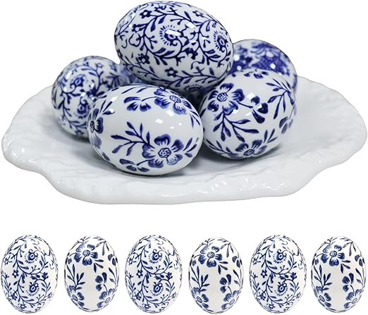 6pcs Handcrafted Blue & White Ceramic Easter Eggs - Artisanal Decor for Home, Living Room & Offic... | Amazon (US)