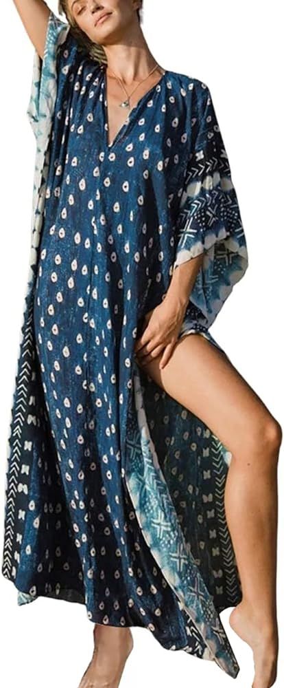 Bsubseach Women Bathing Suit Cover Up Ethnic Print Kaftan Beach Maxi Dresses | Amazon (US)