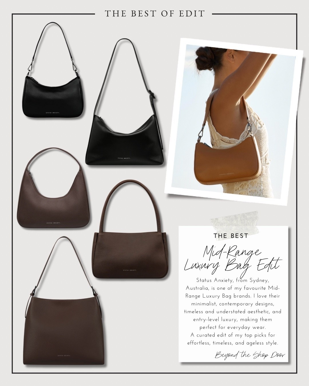 Mid-Range Luxury Bag Edit

Status Anxiety, from Sydney, Australia, is one of my favourite Mid-Range Luxury Bag brands. I love their minimalist, contemporary designs, timeless and understated aesthetic, and entry-level luxury, making them perfect for everyday wear.

A curated edit of my top picks for effortless, timeless, and ageless style.

These are my personal favourites, but have so many colours and styles to choose from, but my minimalist and timeless mindset I love the black and chocolate brown.


#LTKStyleTip #LTKOver40 #LTKItBag