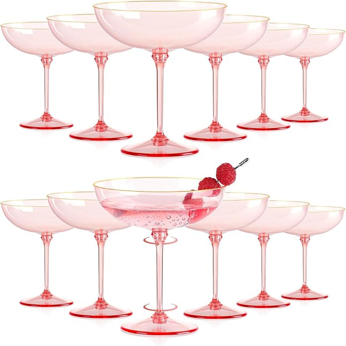 HKSZEH 12 PCS Plastic Coupe Glasses 9 oz Pink Detachable Gold Rim Martini Glass Espresso Champagn... | Amazon (US)