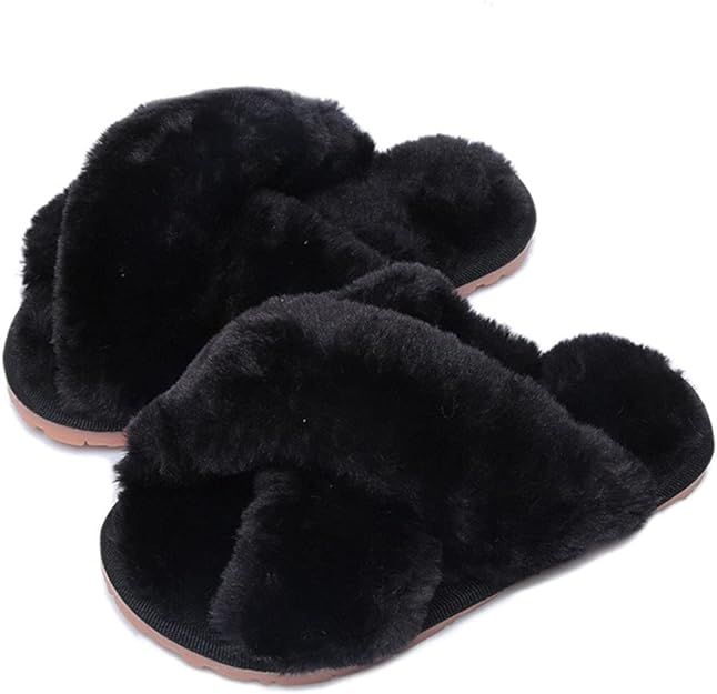 Girls Fluffy Slippers for Kids Cute Fuzzy Slippers Open Toe Warm Fur Slides Cross Band Plush Slip... | Amazon (US)
