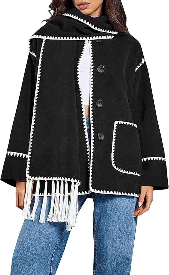 Angashion Women's Embroidered Scarf Jacket - Oversized Button Down Woolen Long Sleeve Causal Wint... | Amazon (US)