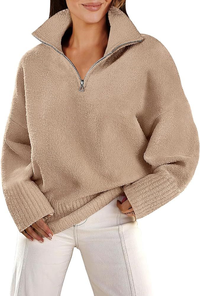 ANRABESS Women's Half Zip V Neck Oversized Sweater Fall 2023 Fuzzy Knit Chunky Warm Pullover Swea... | Amazon (US)