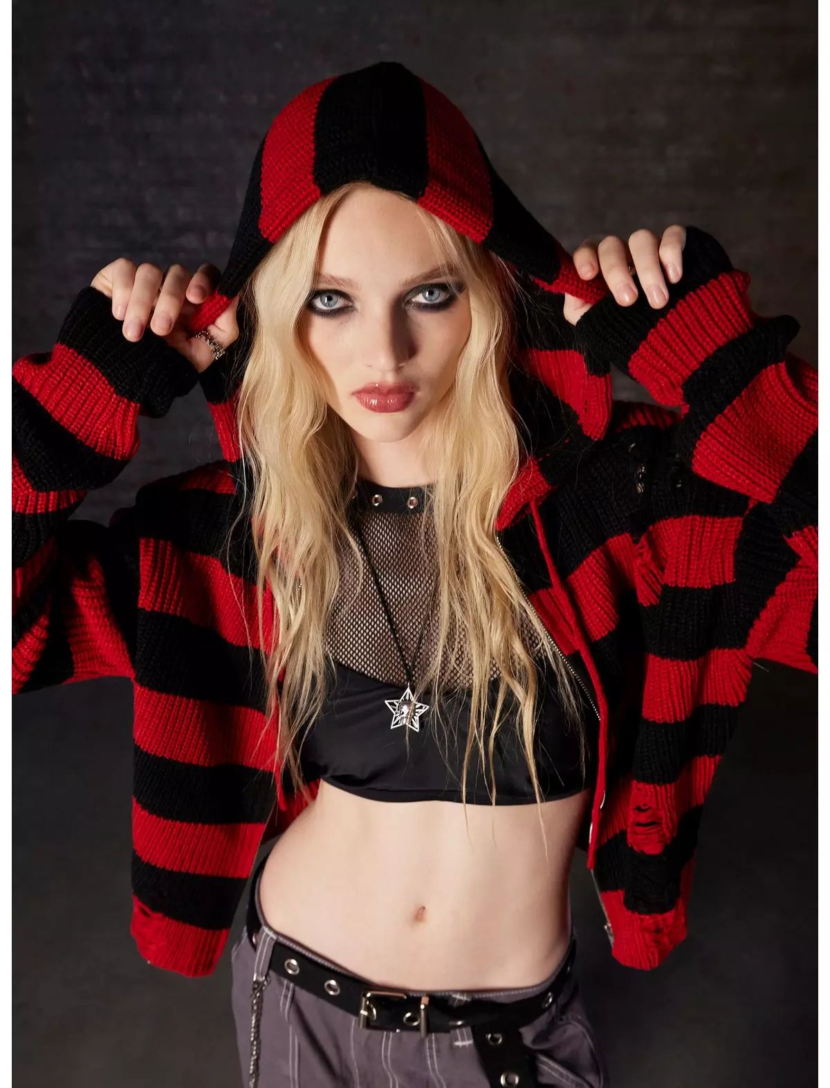 Social Collision Red & Black Distressed Girls Knit Hoodie | Hot Topic