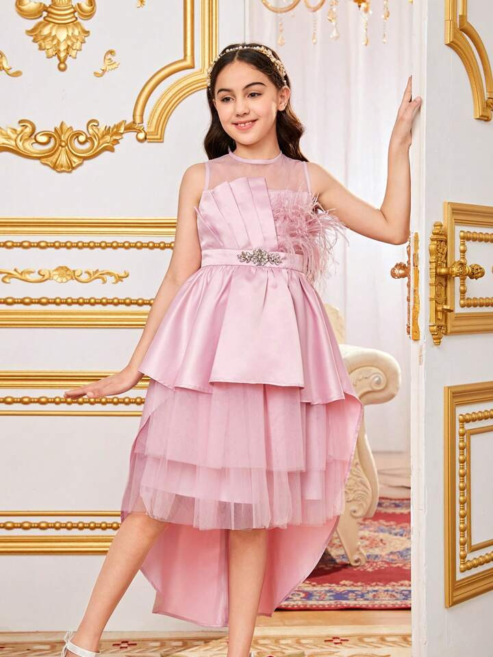 SHEIN Tween Girl Sibling Outfits, Elegant Round Neck Sleeveless Ostrich Feather Dress With Rhines... | SHEIN