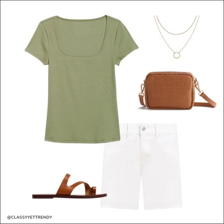 A NEW capsule wardrobe for the Summer season…Everyday Casual Summer Collection ☀️ This ready-made, complete wardrobe is perfect for moms, women who work from home, retired women or anyone needing all-casual outfits. 🙌

Olive tee
White denim shorts
Brown strap sandals
Woven crossbody bag
