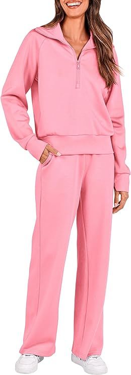 PRETTYGARDEN Women's 2 Piece Outfits Casual Lapel Half Zip Sweatshirts And Wide Leg Pants Tracksu... | Amazon (US)