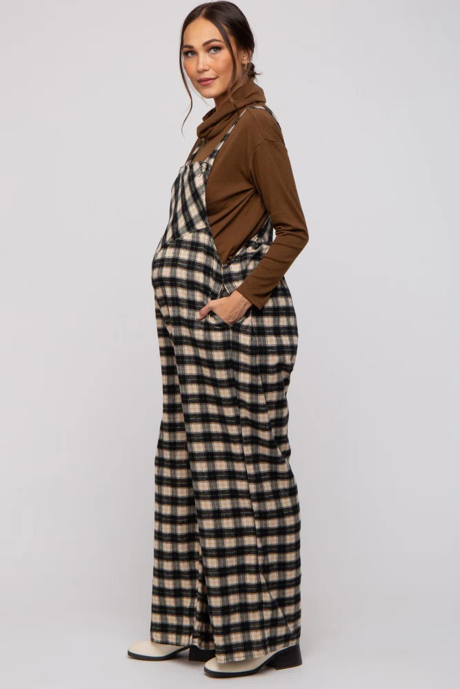 Black Plaid Button Front Wide Leg Maternity Overalls | PinkBlush Maternity