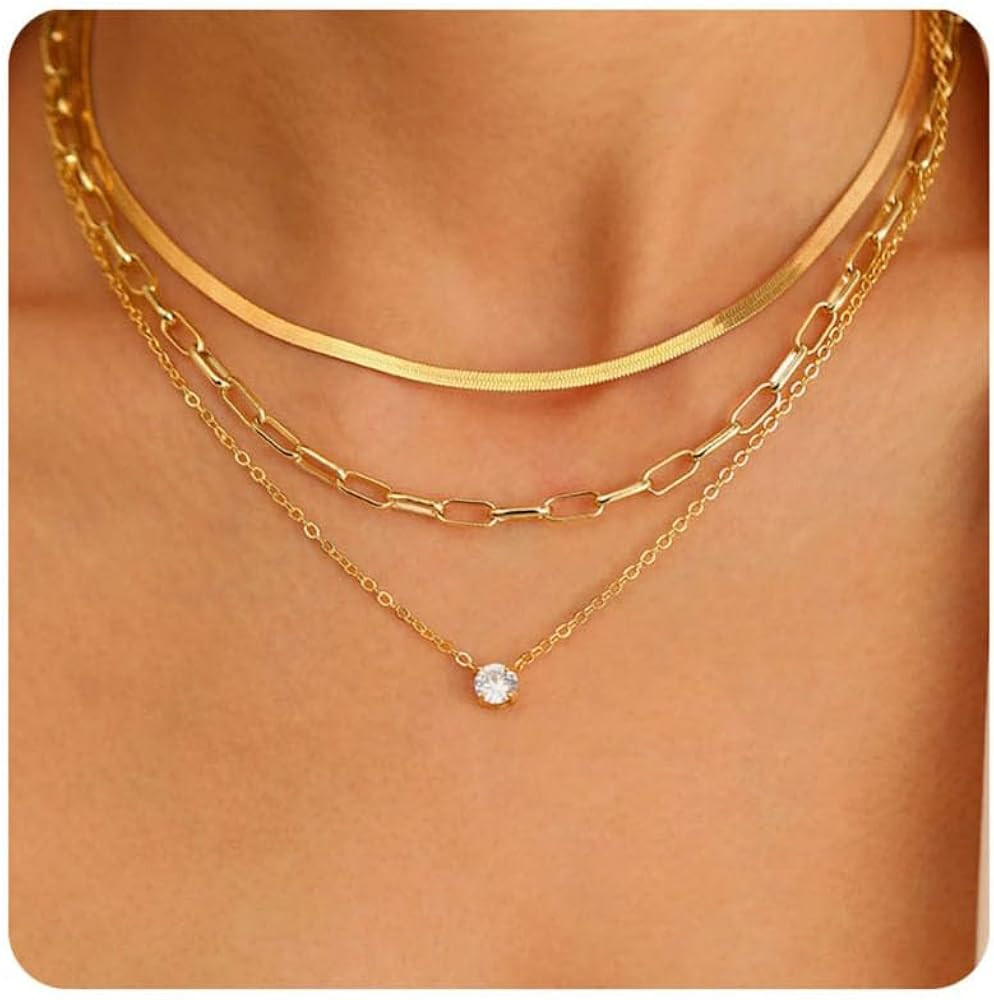Layered Gold Necklaces for Women, 3 Layer Necklace Pendant Chain Necklace Dainty Layering Choker ... | Amazon (US)