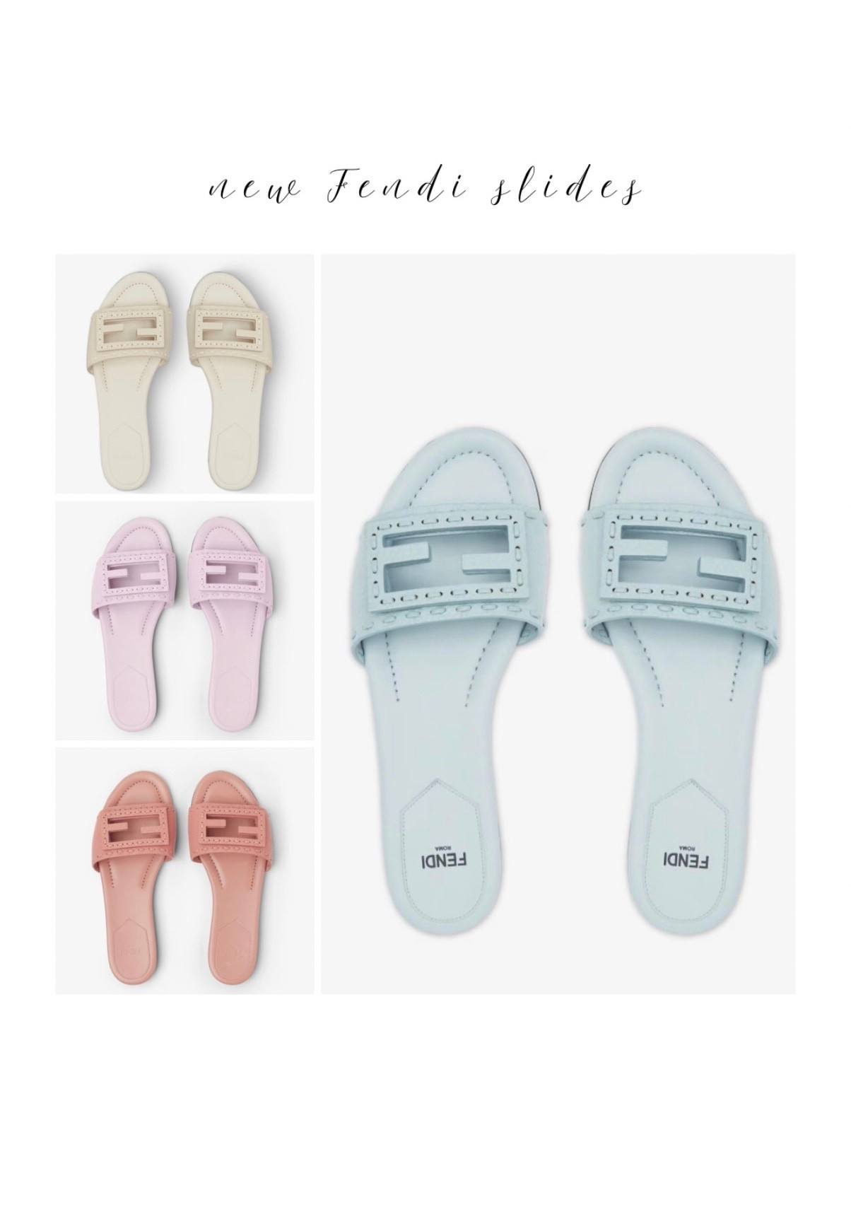 Love these new Fendi slides 😍 understated and chic! Fendi sandals designer sandals spring shoes pastel sandals pink blue lavender neutral white 